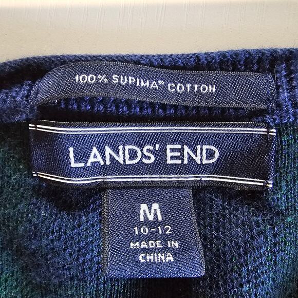 Land’s End 100% Cotton Navy Blue And Green Plaid Cardigan Womens M Preppy 3835 - Picture 3 of 7